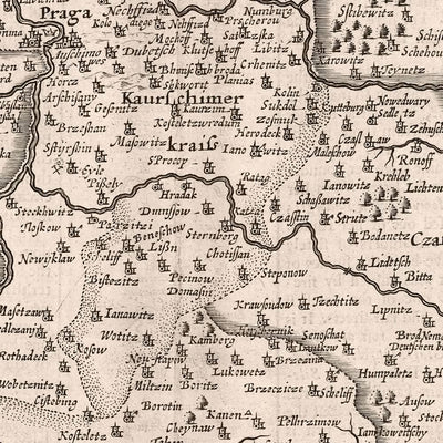 Old Monochrome Map of Bohemia by Speed, 1626: Czechia, Prague, Rivers, Illustrations