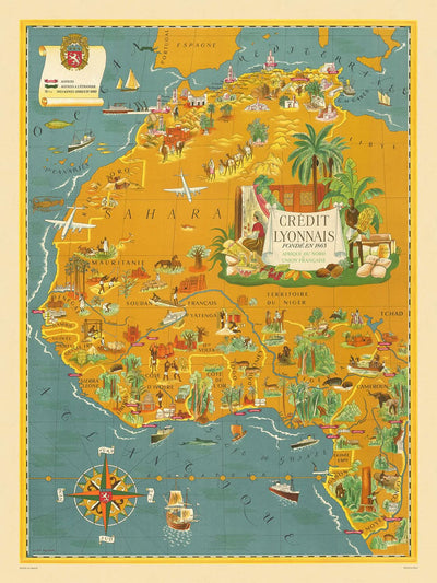 Carte ancienne des colonies françaises en Afrique par Boucher, 1945 : Casablanca, Alger, Dakar, Sahara, Rose des vents