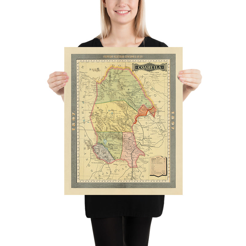 Old Map of Coahuila by García y Cubas, 1897: Saltillo, Torreón, Monclova, Railroads, Rio Grande