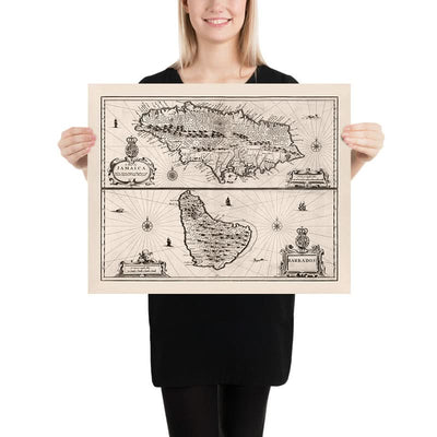 Mapa antiguo de Jamaica y Barbados realizado por Speed, 1676: Port Royal, Bridgetown, montañas, barcos, cartuchos