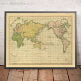 Old Mercator World Map Showing Discoveries of Capt. Cook by Carey, 1814: Pacific Centred