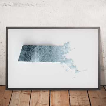 A framed image of a 3D style topographic relief map ofMassachusetts