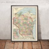 Antiguo mapa ferroviario de Wisconsin de Cram, 1901: Milwaukee, Madison, Green Bay, lago Michigan, río Mississippi 
