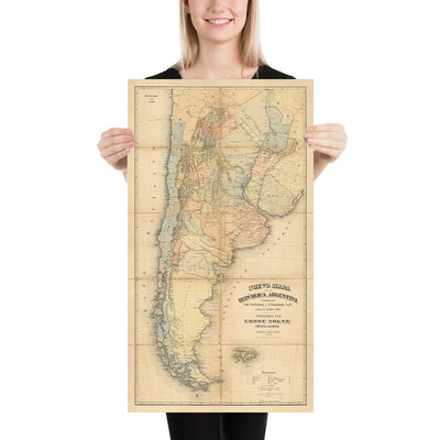 Large Old Map of Argentina by Nolte, 1876: Andes, Buenos Aires, Railroads, Rio de la Plata