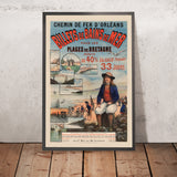 Cartel de viaje de Bretaña: Chemin de fer d’Orléans – Billets de Bains de Mer por Imp. F. Champenois, 1891 