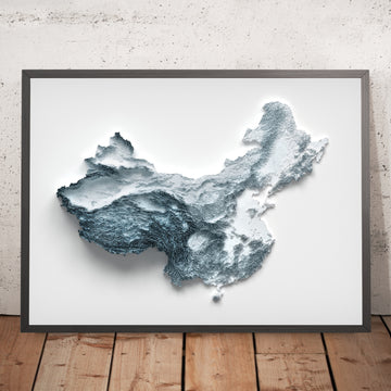 A framed image of a 3D style topographic relief map ofChina