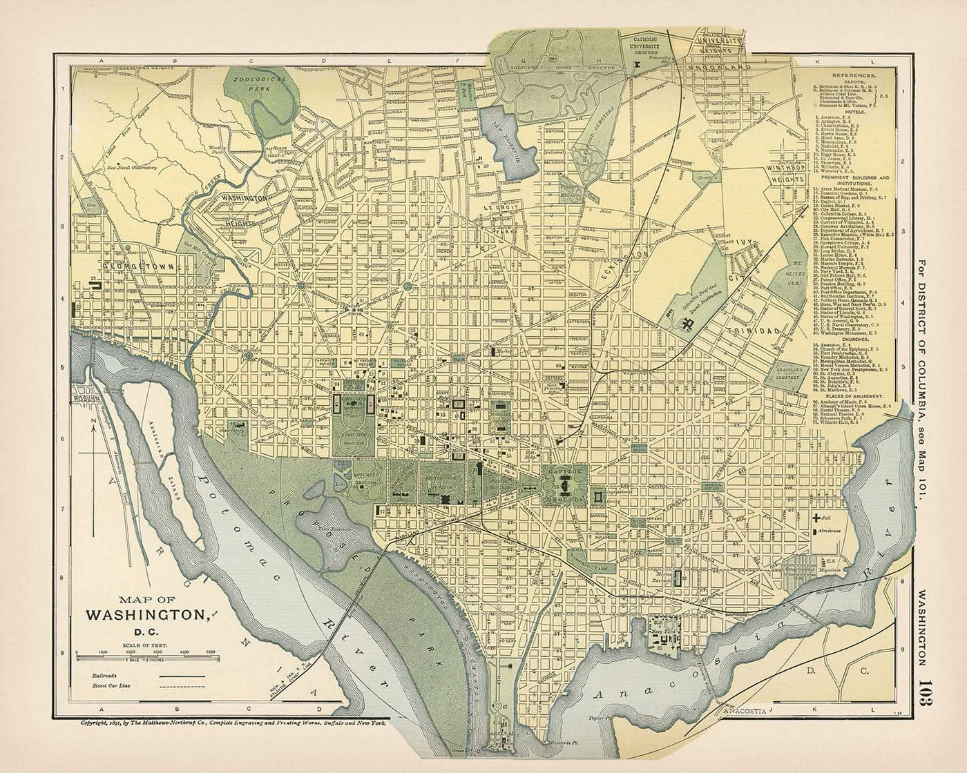 Alte Karte von Washington, DC von Appleton, 1891: Kapitol, Weißes Haus, Nat'l Mall, Tidal Basin, Zoo Park