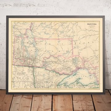 Mapa antiguo de Manitoba por Arrowsmith, 1884: Winnipeg, Río Rojo, Lago Winnipeg, Ferrocarriles, Fronteras 