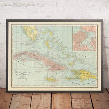 Old Map of Western Caribbean by Cram, 1886: Cuba, Hispaniola, Havana, Kingston, Santo Domingo, Windward Passage, Matanzas