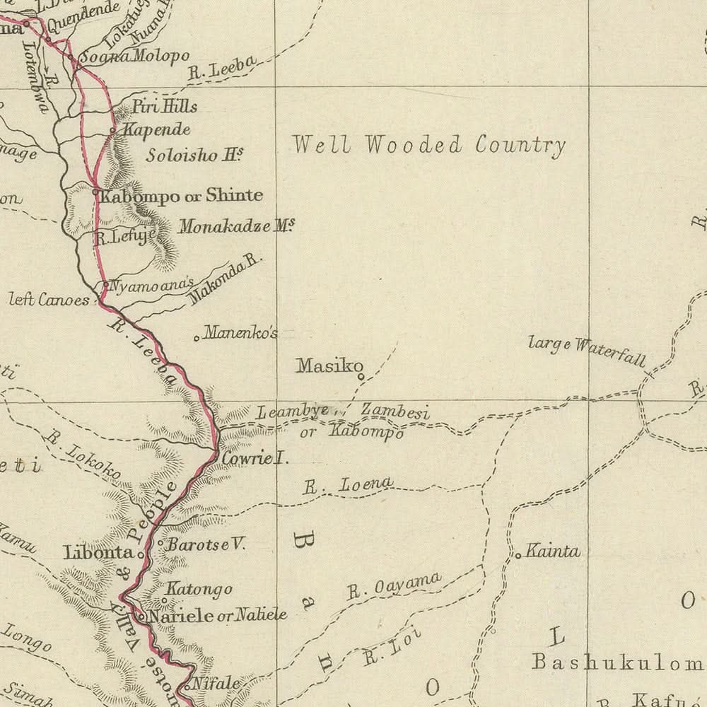 Alte Karte von Dr. Livingstones Afrikaroute von Arrowsmith, 1857: Linyanti, Quelimane, Victoriafälle, Sambesi, Kalahari