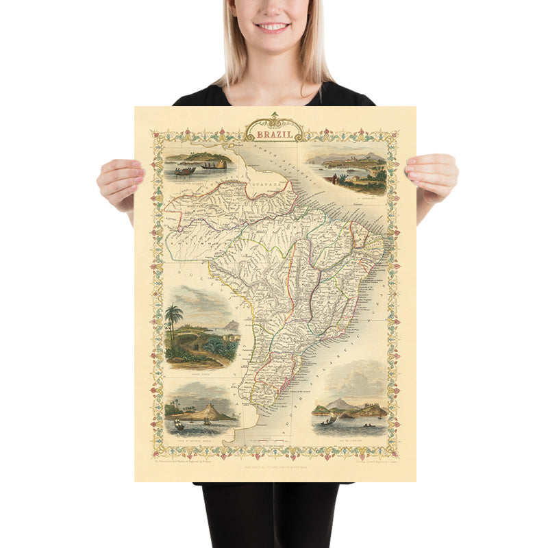 Vecchia mappa del Brasile di Tallis, 1851: Fiume Amazzoni, Rio de Janeiro, San Paolo, Salvador, Costa Atlantica 