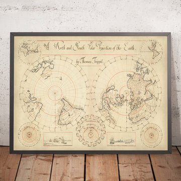 Ancienne carte du monde manuscrite par Trippit, 1665 : projections polaires jumelles, Californie en tant qu&