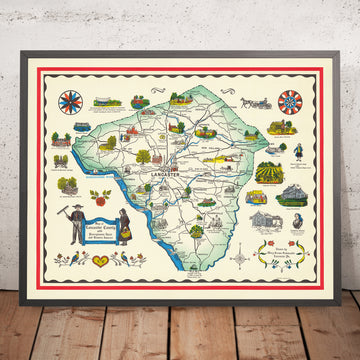 Ancienne carte du comté de Lancaster, PA par Schmuckle, 1949 : Ephrata, Lititz, rivières Susquehanna et Conestoga, communautés amish 