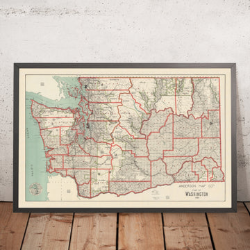 Old County & Railroad Map of Washington State, 1909: Seattle, Spokane, Puget Sound, Columbia River, Mt Rainier NP