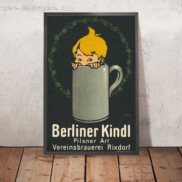 A framed image of Berliner Kindl Vintage Pilsner Beer Poster by Georg Räder, 1910