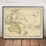 Old Map of Australia, New Zealand and Polynesia by Walch, 1830: Cook & Tasman routes; equirectangular; oval cartouche