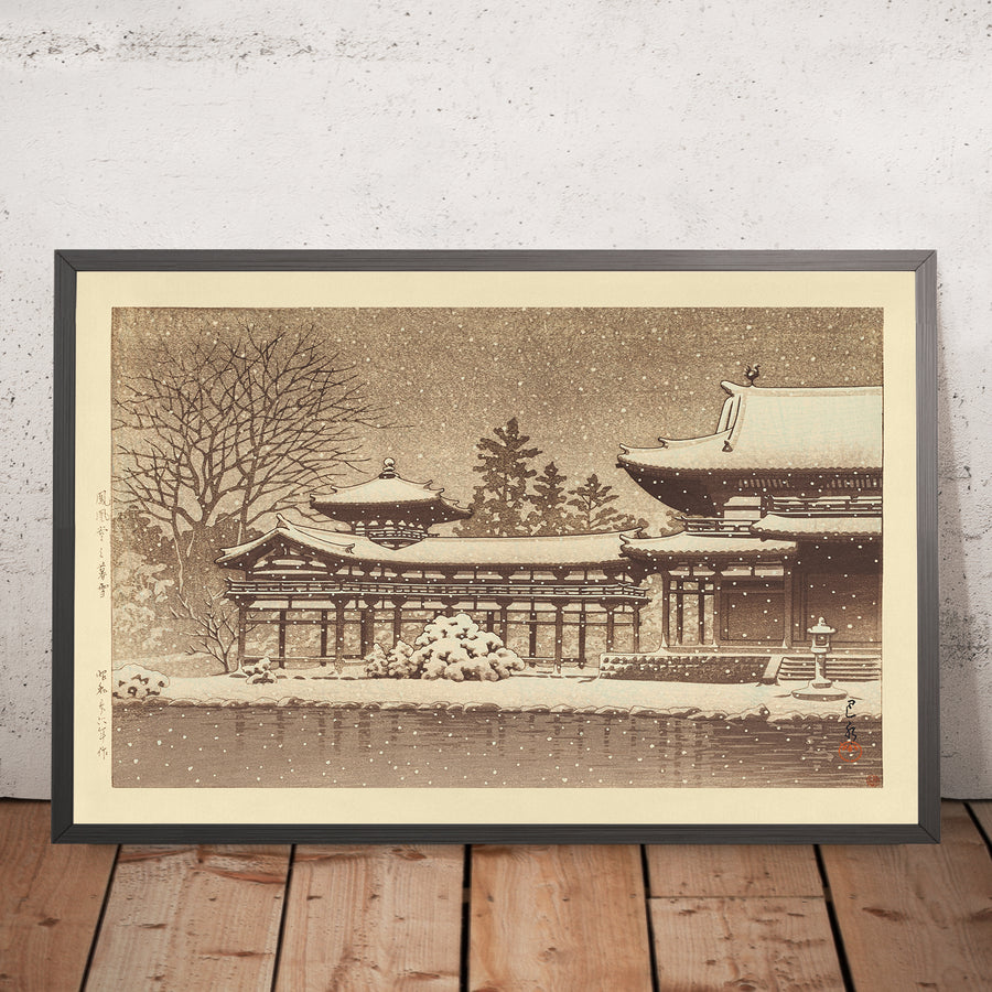 A framed image of Evening Snow at Byodoin Temple (Phoenix Hall) by Hasui Kawase, 1935