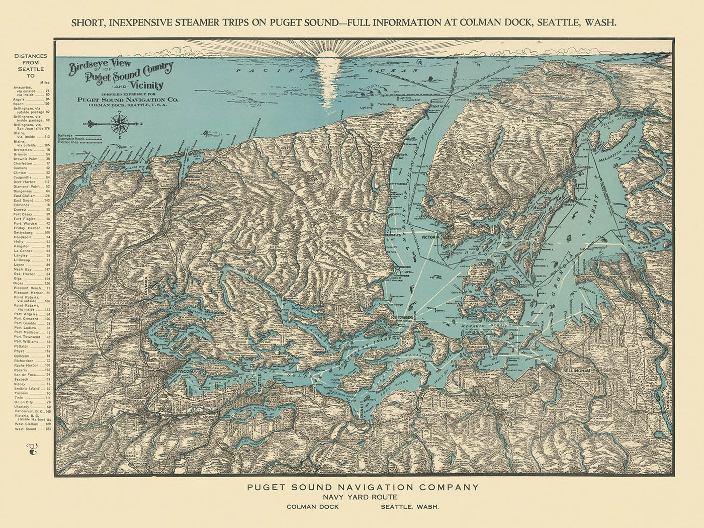 Old Birdseye Map of Puget Sound Region, 1927: Seattle, Tacoma, Olympic Peninsula, San Juan Islands, Mount Rainier