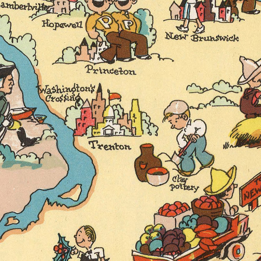 Mappa pittorica del New Jersey di Ruth Taylor White, 1935: Newark, Jersey Shore, Pine Barrens, Oceano Atlantico, Fiume Delaware 