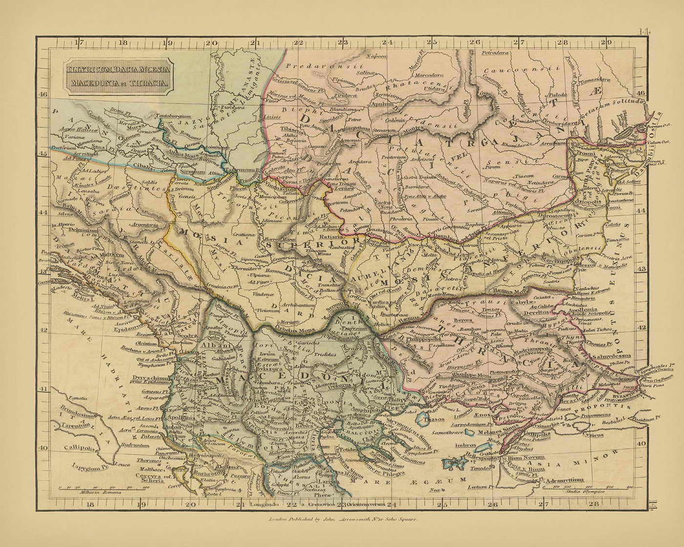 Old Map of Ancient Southeast Europe by Arrowsmith, 1824: Thracia, Macedonia, Moesia, Dacia, Illyricum