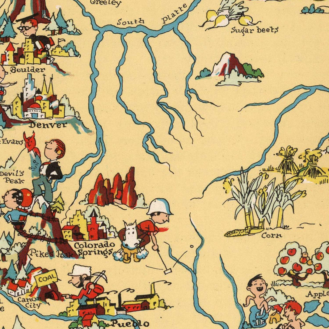 Pictorial Map of Colorado by Ruth Taylor White, 1935: Denver, Rocky Mountains, Pikes Peak, Mesa Verde, Great Sand Dunes