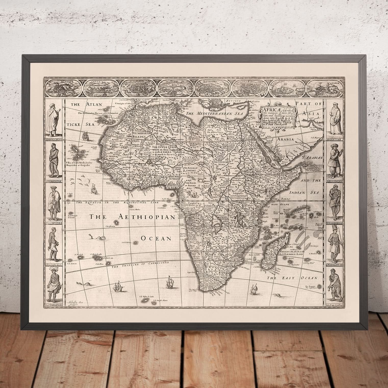 Traditional Map Examples Old Monochrome Map of Africa by Speed, 1676: Showing Traditional Peopl ...