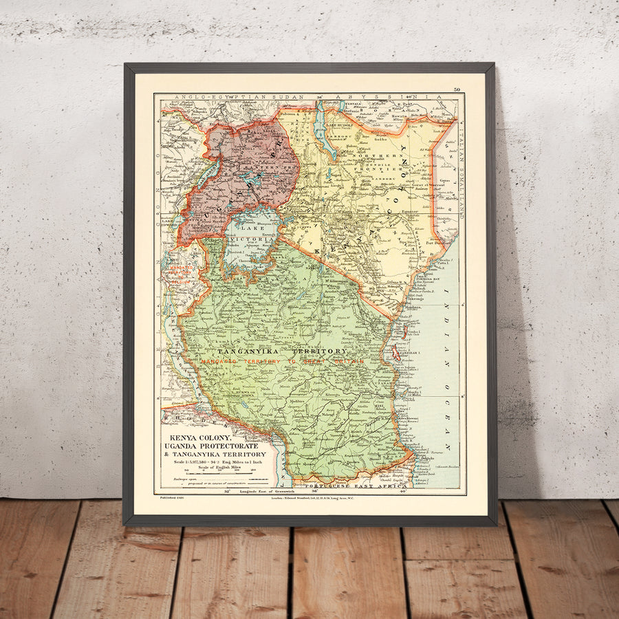 Alte koloniale Karte von Kenia, Uganda, Ruanda und Tansania von Edward Stanford, 1926: Nairobi, Kampala, Viktoriasee, Kilimandscharo, Uganda-Bahn 