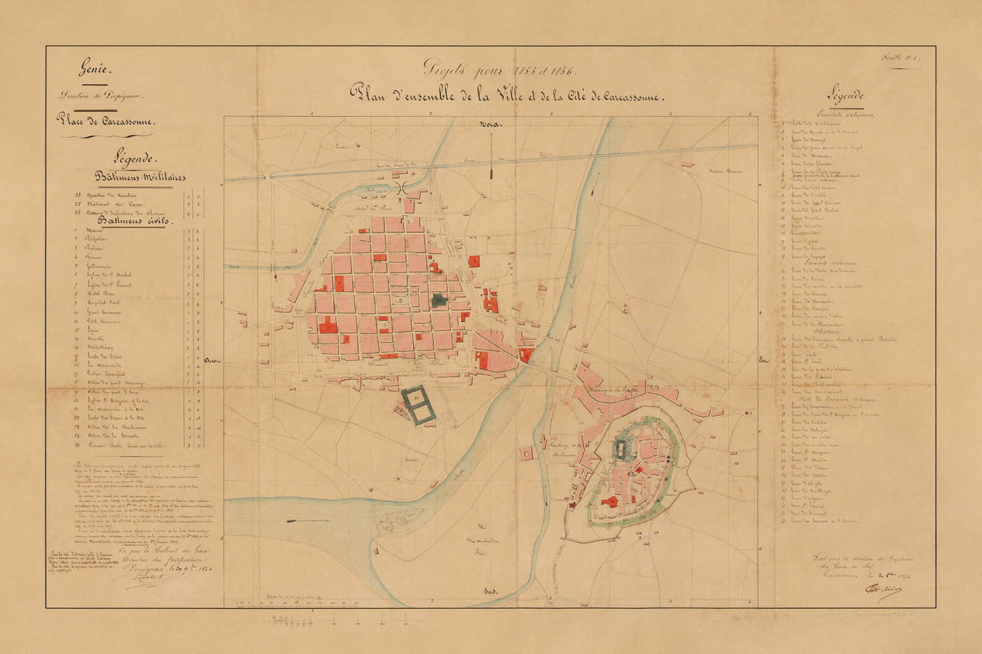 Old Military & Street Map of Carcassonne by Viollet-le-Duc, 1854: Cité Fortifications, Château, Basilica