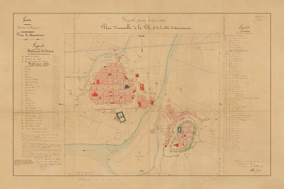 Old Military & Street Map of Carcassonne by Viollet-le-Duc, 1854: Cité Fortifications, Château, Basilica