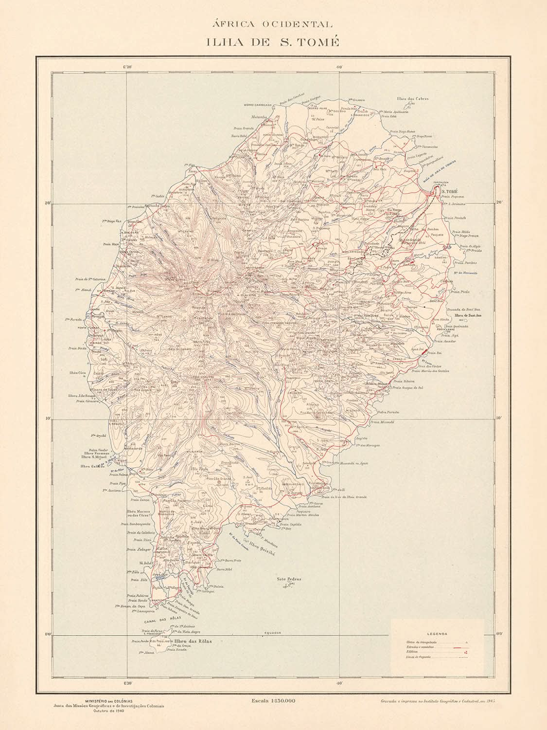 Mapa antiguo de São Tomé, 1945: São Tomé, Neves, Trindade, ríos, montañas