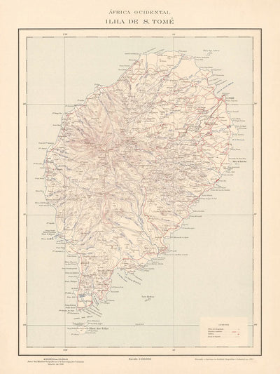 Alte Karte von São Tomé, 1945: São Tomé, Neves, Trindade, Flüsse, Berge