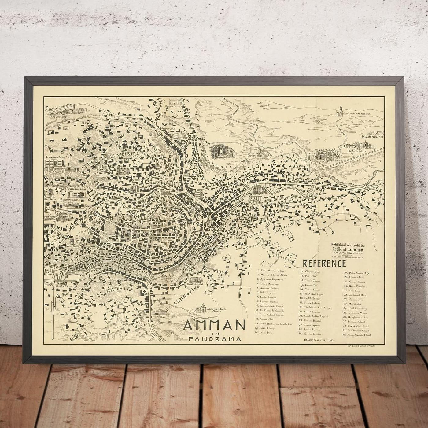 Old Map of Amman, Jordan by Aleeff, 1953: Citadel, Amphitheater, Raghadan Palace, Hashemite Legacy