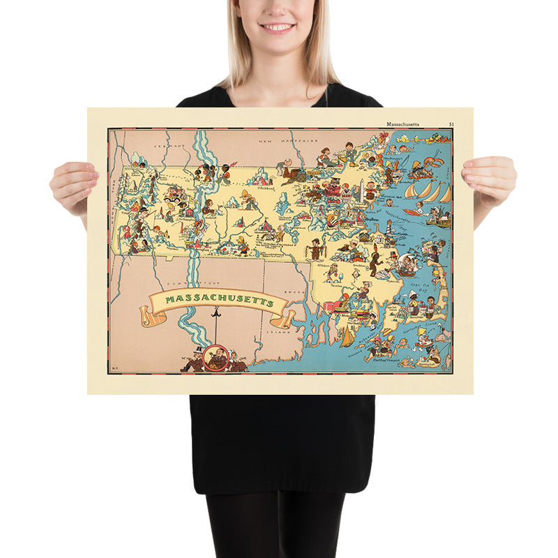 Pictorial Map of Massachusetts by Ruth Taylor White, 1935: Boston, Cape Cod, Harvard, Pilgrims, Maritime Heritage