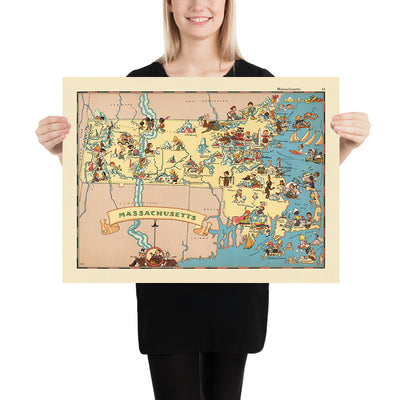 Pictorial Map of Massachusetts by Ruth Taylor White, 1935: Boston, Cape Cod, Harvard, Pilgrims, Maritime Heritage