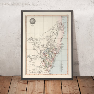 Mappa antica del Nuovo Galles del Sud di Arrowsmith, 1845: Sydney, Newcastle, Fiumi, Strade, Contee 