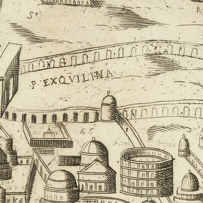 Mapa antiguo de Roma ilustrado por Anonymous, 1600: Coliseo, Circo Máximo, Panteón, Foro Romano, Vía Apia