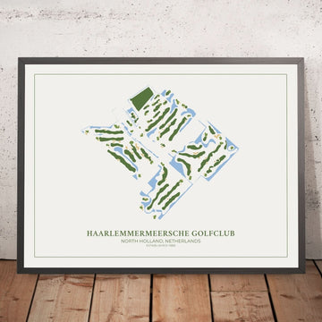 A framed image of Haarlemmermeersche Golfclub in the style of a simple and modern golf course map