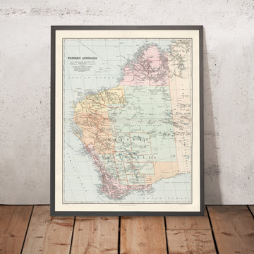 Mapa antiguo de Australia Occidental y el Outback de Edward Stanford, 1904: Perth, ferrocarriles, rutas de exploradores, Gran Desierto de Victoria 