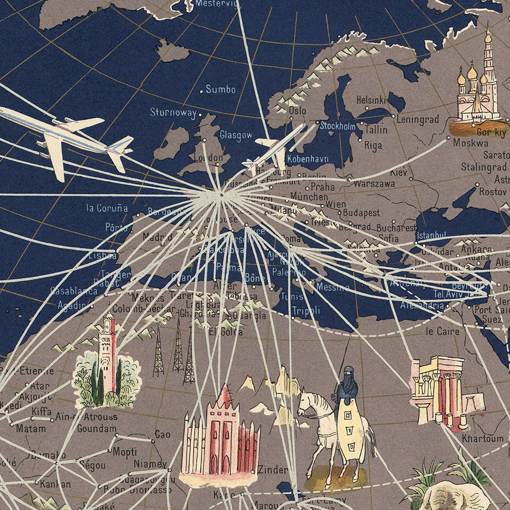Old Oval Air France World Map by Boucher, 1961