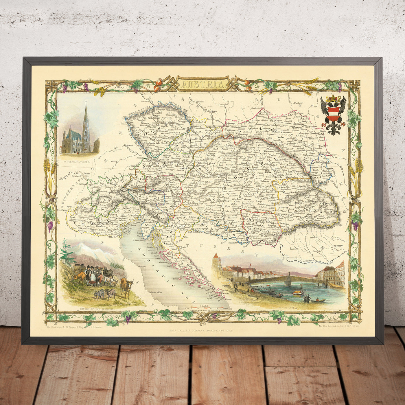 Old Map of Austria by Tallis, 1851: Vienna, Alps, Danube River, Salzburg, Prague