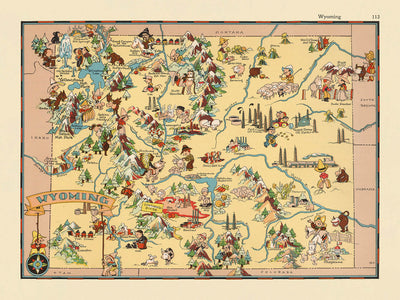 Pictorial Map of Wyoming by Ruth Taylor White, 1935: Yellowstone, Grand Teton, Continental Divide, Wind River Range, Bighorn Mountains