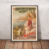 Affiche de voyage Menton : PLM Menton — 17 h 30 de Paris, 11 minutes de Monte-Carlo par Frédéric Hugo d’Alesi, 1898 