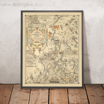 Antica mappa illustrata di Penobscot Bay, Maine di Phillips 1940: Bangor, Camden, Belfast, Blue Hill, US 1 