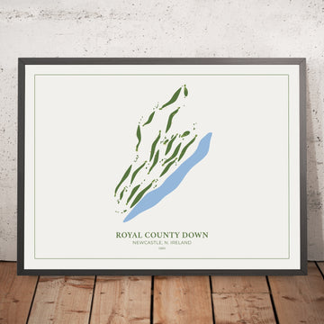 A framed image of Royal County Down in the style of a simple and modern golf course map