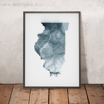 Una imagen enmarcada de un mapa topográfico en relieve en estilo 3D de Illinois