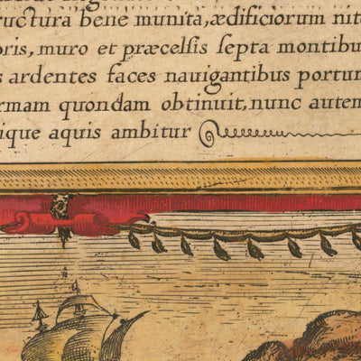 Alte Bildkarte von Aden von Braun & Hogenberg, 1572: Befestigungen, Häfen, Schiffe, Mombasa, Kilwa