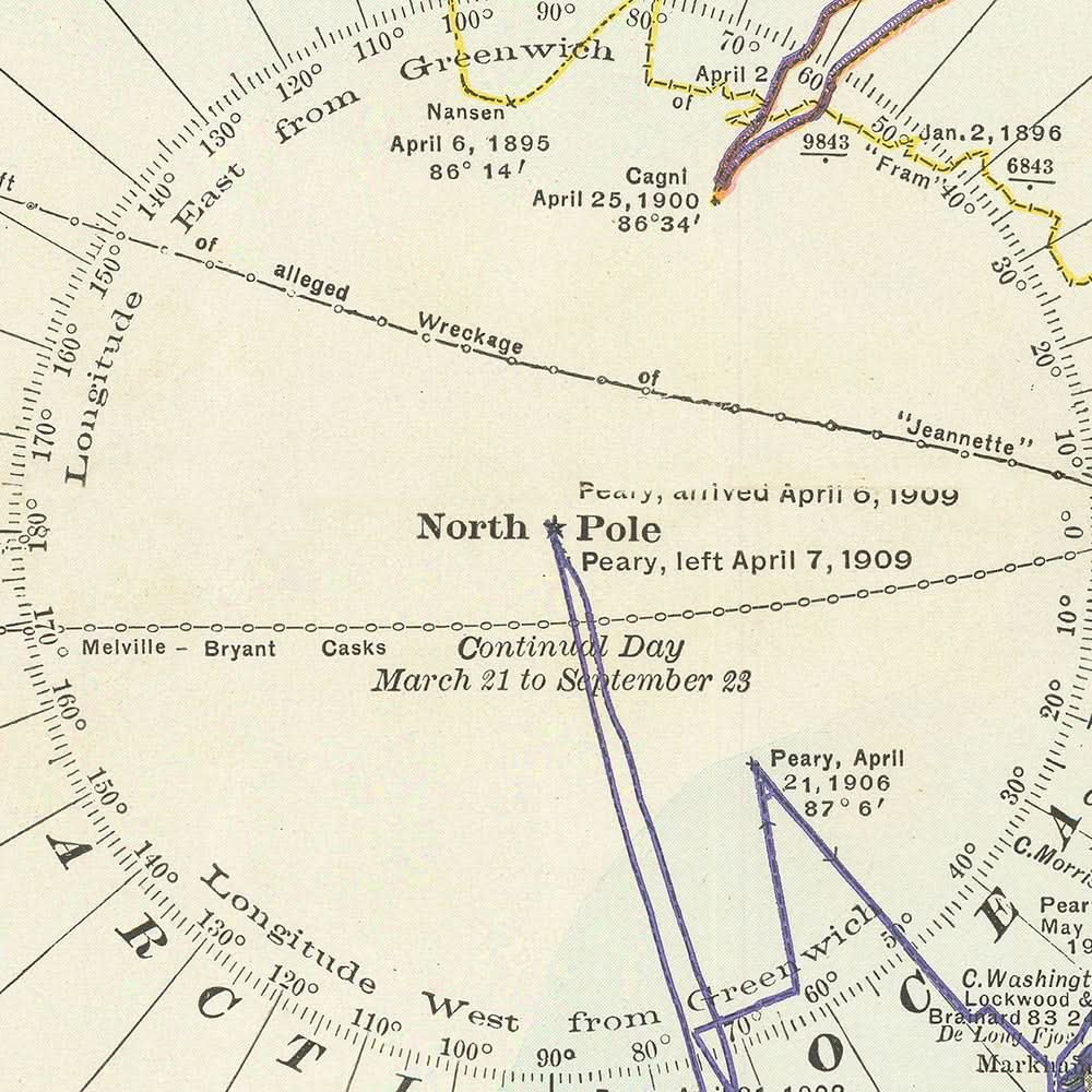 Old Map of North Pole Exploration, 1910: Peary's Route, Arctic Voyages