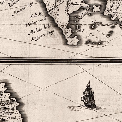 Old Map of Jamaica and Barbados by Speed, 1676: Port Royal, Bridgetown, Mountains, Ships