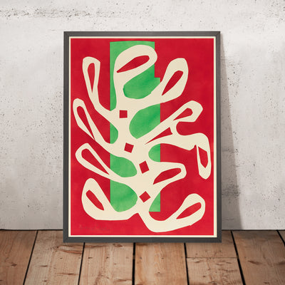 A framed image of Algue blanche sur fond rouge et vert (White Seaweed on a Red and Green Background) by Henri Matisse, 1947