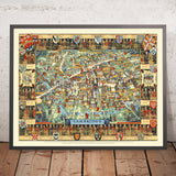 Vecchia mappa illustrata di Cambridge di Lee, 1948: King's College, fiume Cam, Ponte dei Sospiri, Trinity College, St. John's 